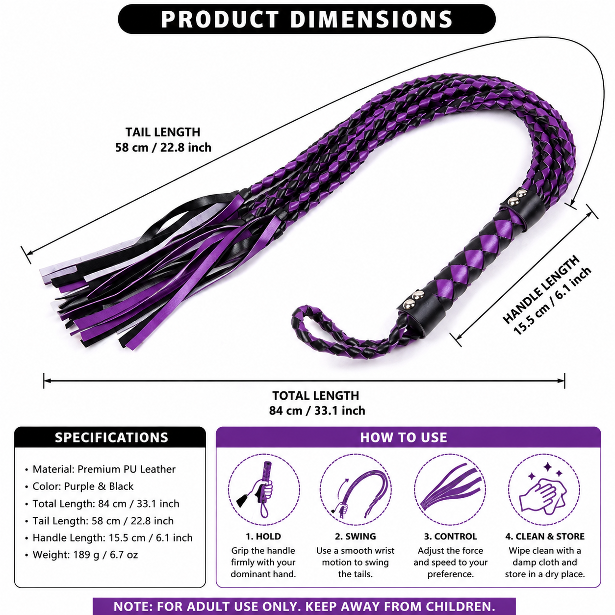Sensory Craft Handcrafted Red Braided PU Leather Whip | Premium Faux Leather Whip