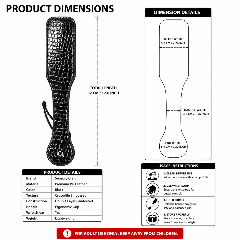Sensory Craft Crocodile Embossed PU Leather Paddle | Studded Black Faux Leather Paddle