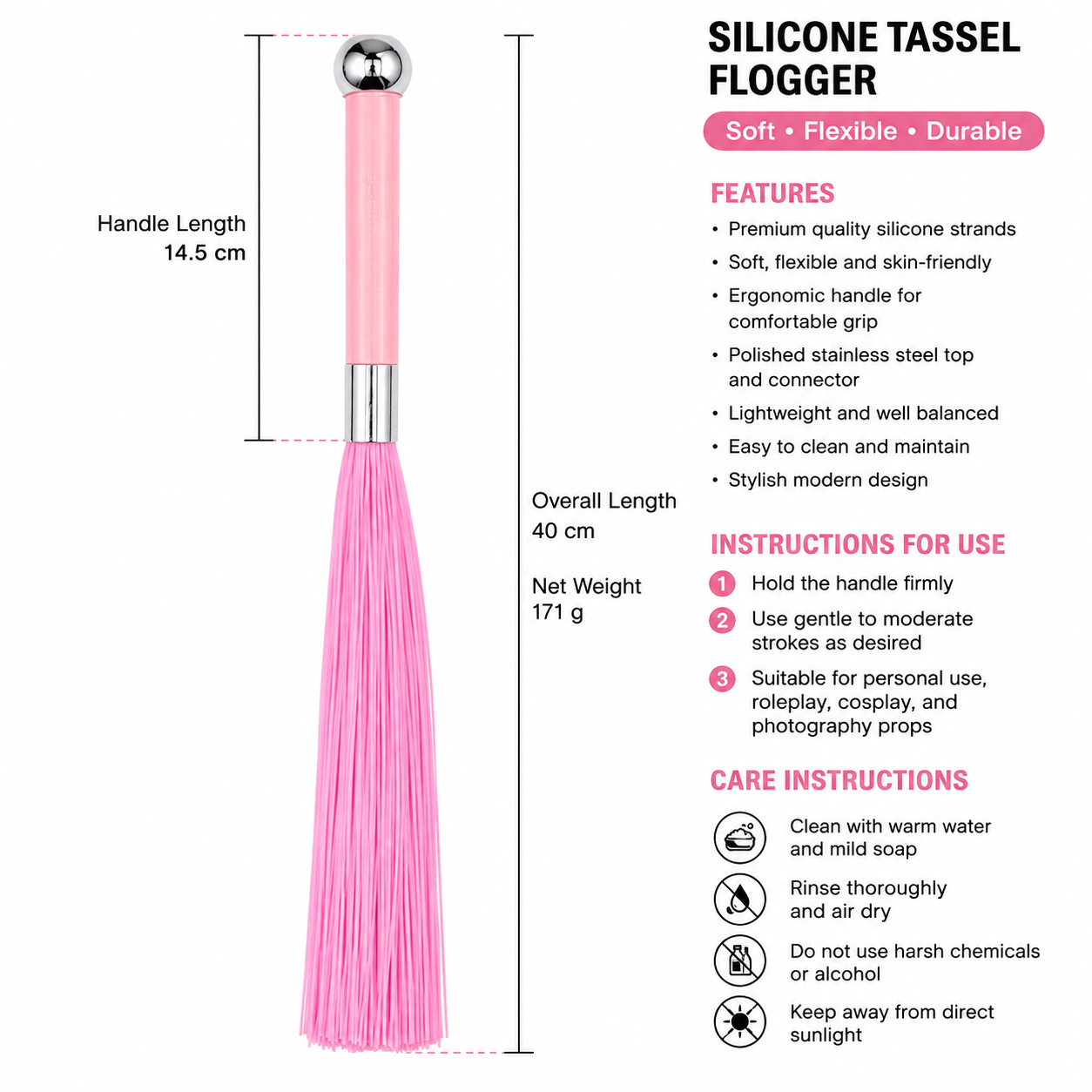 Sensory Craft Silicone Tassel Flogger | Premium Soft Silicone Whip | Multiple Colors