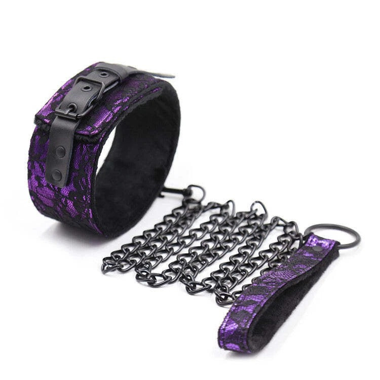 Purple Lace Overlay Padded Collar with Buckle & Matte Black Chain Leash