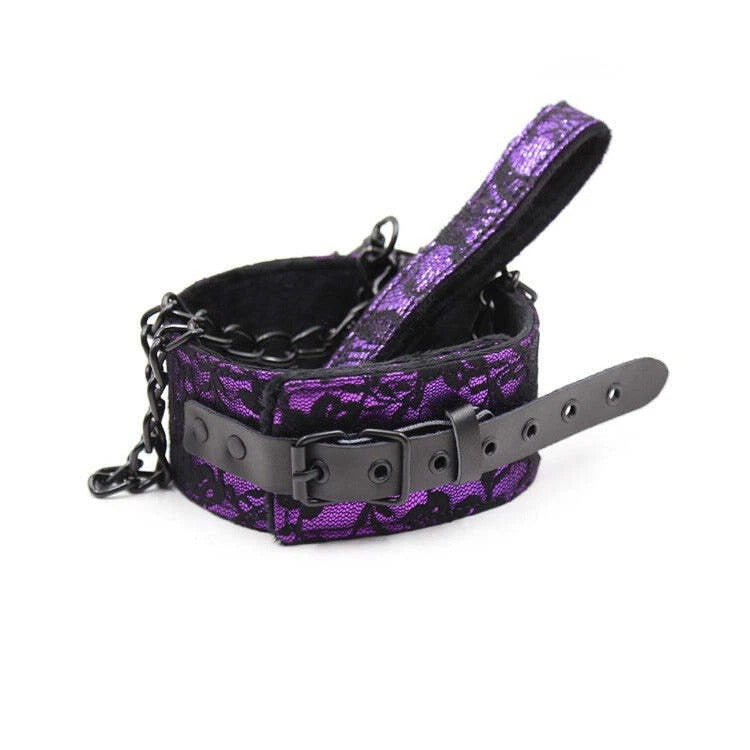 Purple Lace Overlay Padded Collar with Buckle & Matte Black Chain Leash