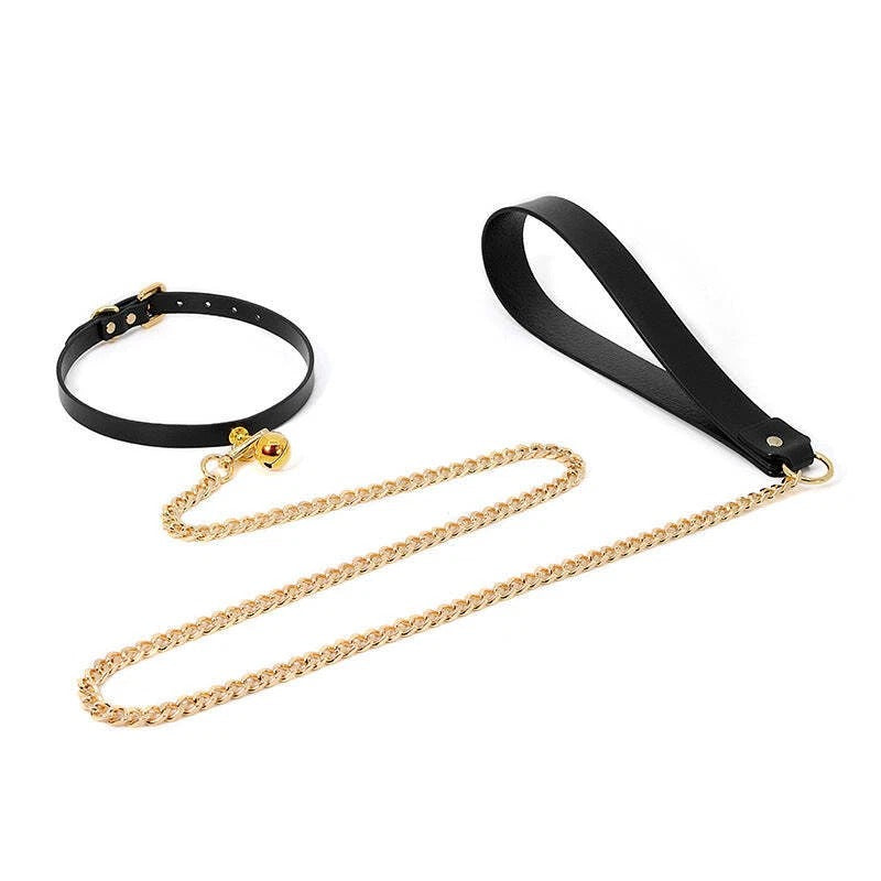 Black Leather Collar with Gold Bell Charm & Chain Leash | Sensory Craft