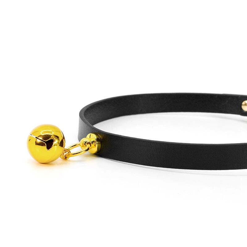 Black Leather Collar with Gold Bell Charm & Chain Leash | Sensory Craft