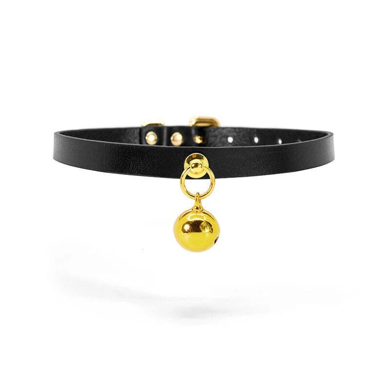 Black Leather Collar with Gold Bell Charm & Chain Leash | Sensory Craft
