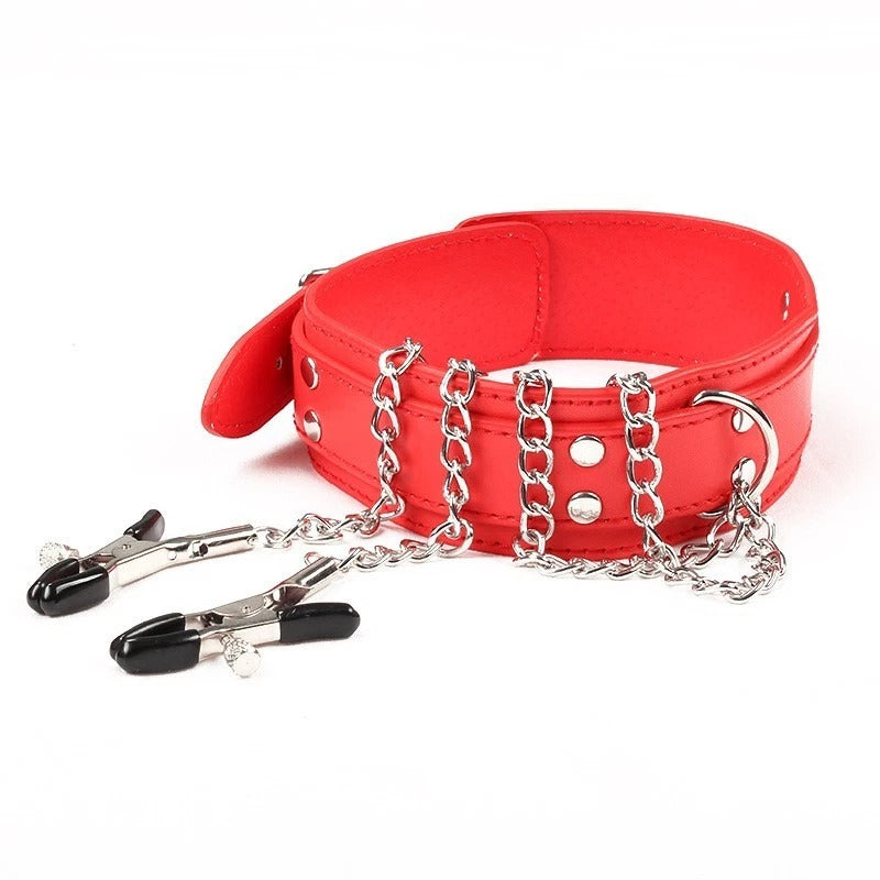 Red Leather Collar with Chain & Nipple Clamps – Adjustable Buckle Set