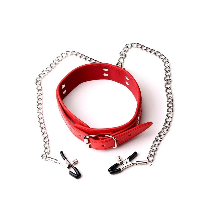 Red Leather Collar with Chain & Nipple Clamps – Adjustable Buckle Set