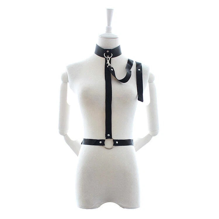Black Vegan Leather Body Harness with Choker Collar – Adjustable O-Ring Chest Harness