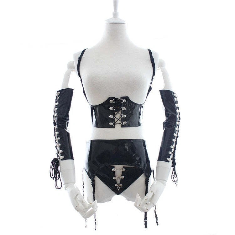 Vinyl Lace-Up Lingerie Set with Long Gloves & Garters – Four-Piece Set | Sensory Craft