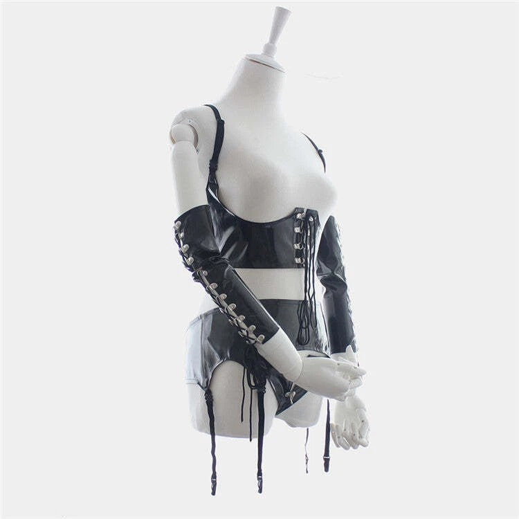 Vinyl Lace-Up Lingerie Set with Long Gloves & Garters – Four-Piece Set | Sensory Craft