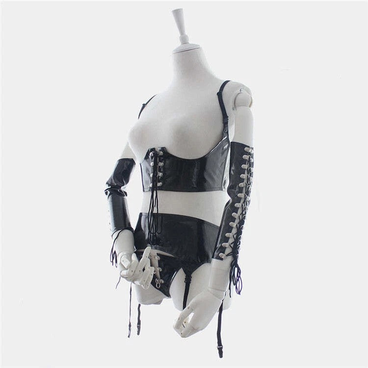 Vinyl Lace-Up Lingerie Set with Long Gloves & Garters – Four-Piece Set | Sensory Craft