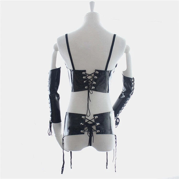 Vinyl Lace-Up Lingerie Set with Long Gloves & Garters – Four-Piece Set | Sensory Craft