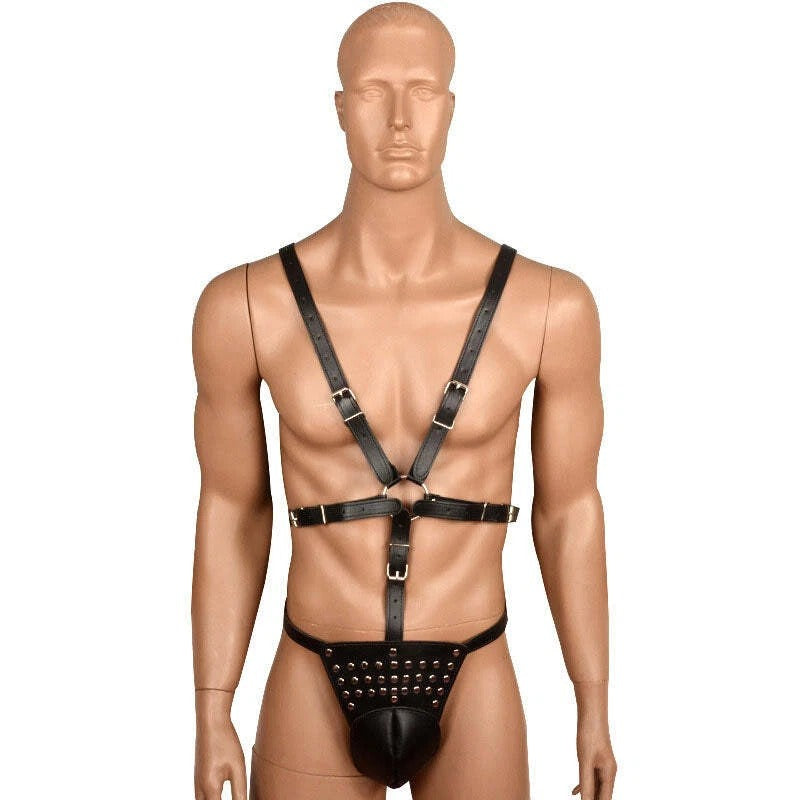 Men's Black Vegan Leather Body Harness with Adjustable Straps & Pouch
