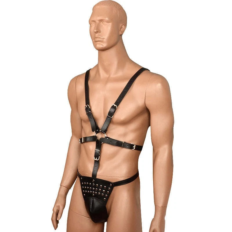 Men's Black Vegan Leather Body Harness with Adjustable Straps & Pouch