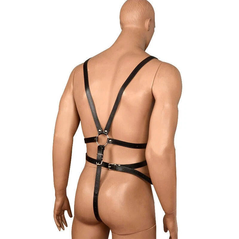 Men's Black Vegan Leather Body Harness with Adjustable Straps & Pouch