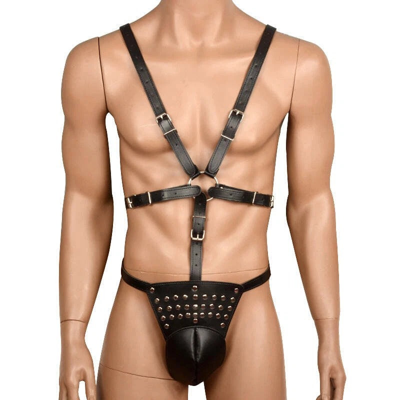 Men's Black Vegan Leather Body Harness with Adjustable Straps & Pouch