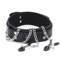 Black Leather Buckle Collar with Chain Nipple Clamps | Sensory Craft