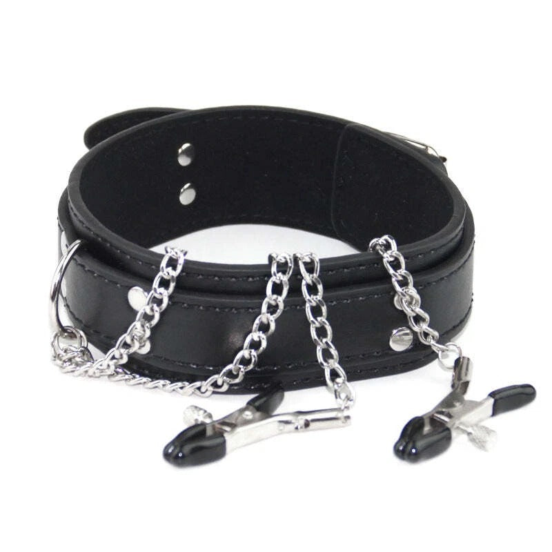 Black Leather Buckle Collar with Chain Nipple Clamps | Sensory Craft