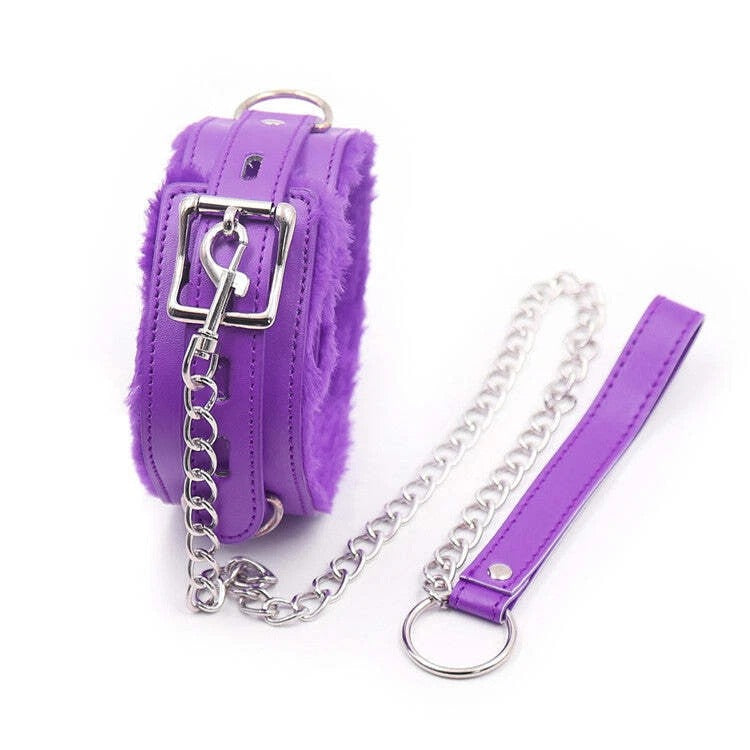 Purple Faux Fur Lined Wrist Cuffs with Leash Chain – Vegan Leather Bondage Restraint Set