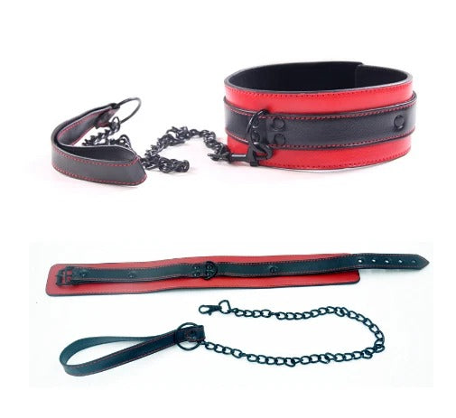 Red & Black Vegan Leather Collar with Buckle Detail & Leash Chain