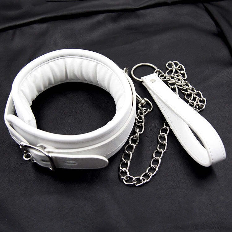 White Padded Leather Collar with Chain Leash – Adjustable Buckle Set | Sensory Craft