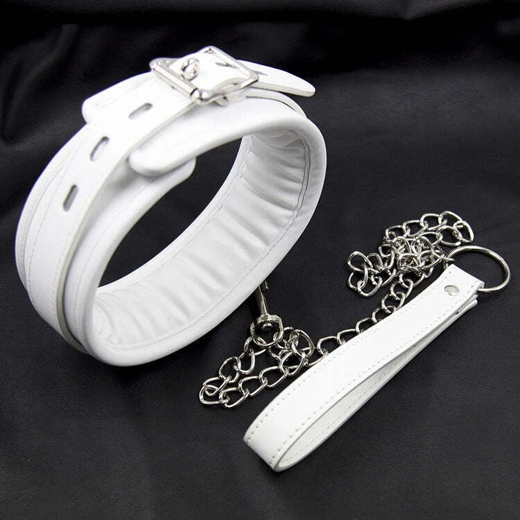 White Padded Leather Collar with Chain Leash – Adjustable Buckle Set | Sensory Craft