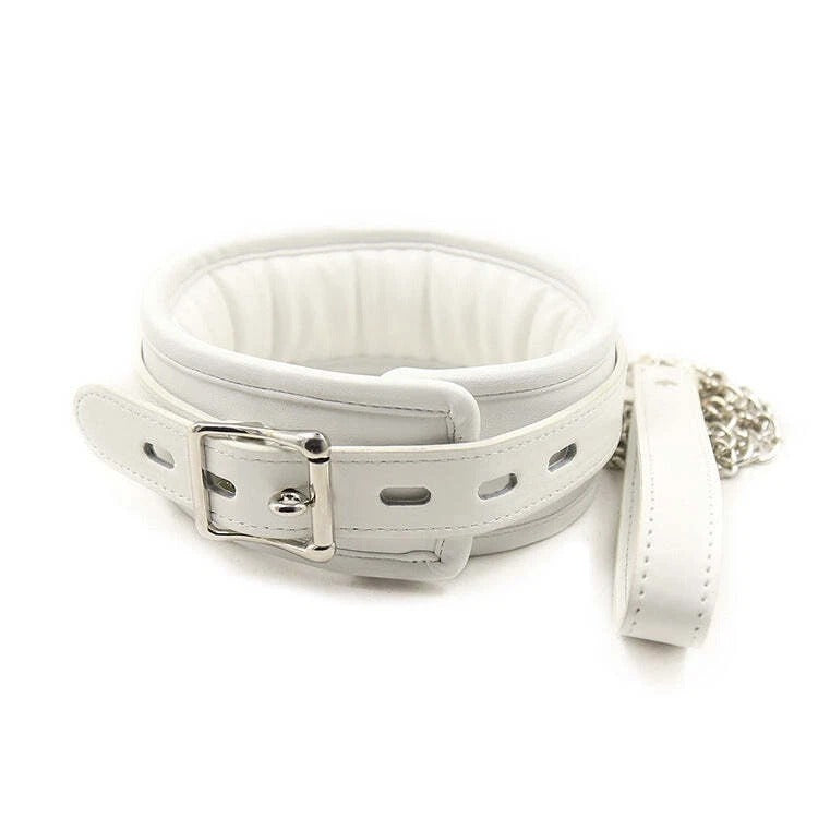 White Padded Leather Collar with Chain Leash – Adjustable Buckle Set | Sensory Craft