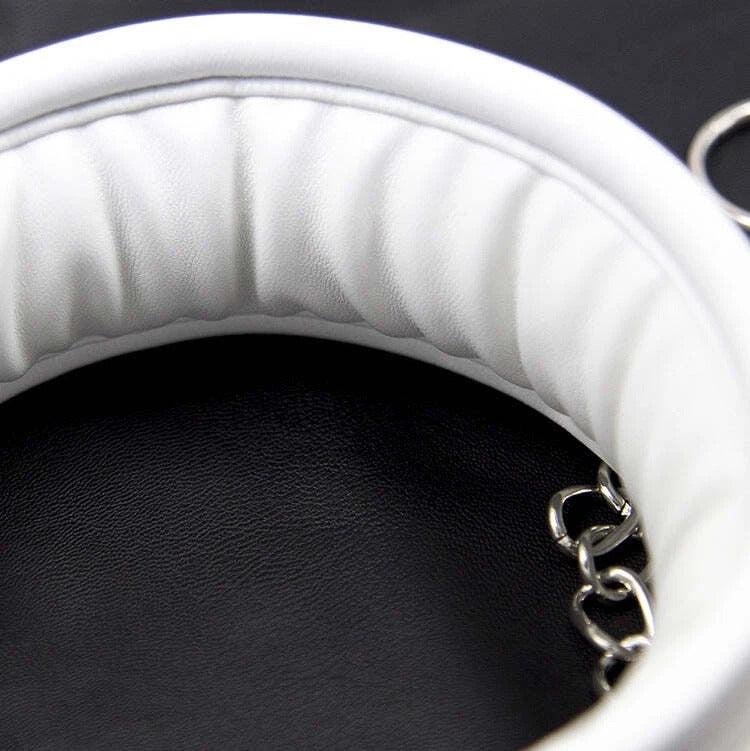 White Padded Leather Collar with Chain Leash – Adjustable Buckle Set | Sensory Craft