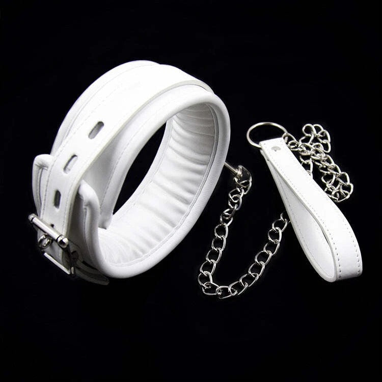 White Padded Leather Collar with Chain Leash – Adjustable Buckle Set | Sensory Craft