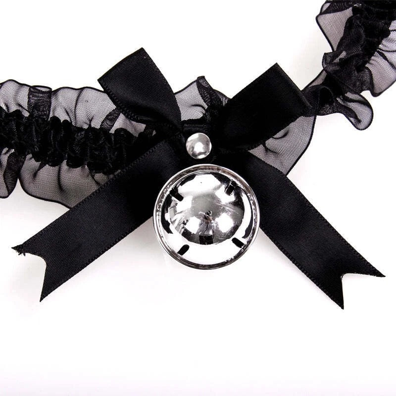 Black Sheer Ruffle Garter with Bow & Bell Charm – Elegant Lace Leg Garter Accessory