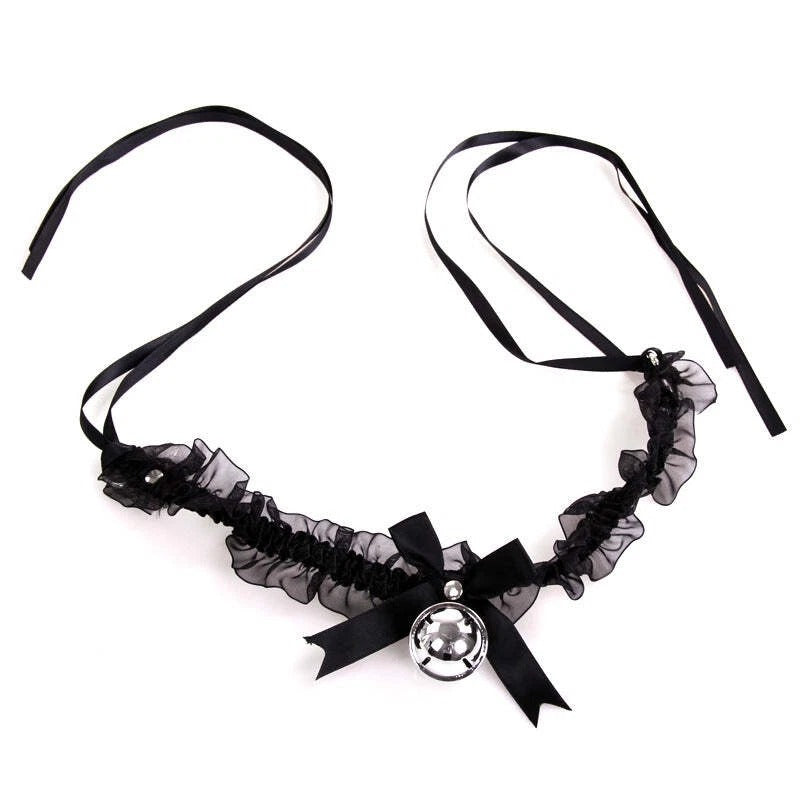 Black Sheer Ruffle Garter with Bow & Bell Charm – Elegant Lace Leg Garter Accessory