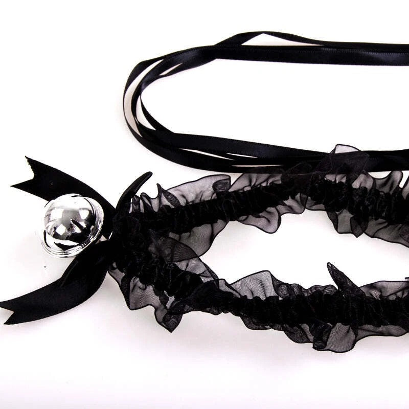 Black Sheer Ruffle Garter with Bow & Bell Charm – Elegant Lace Leg Garter Accessory