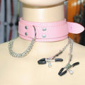 Pink Vegan Leather Collar with Adjustable Clamp Chain Set