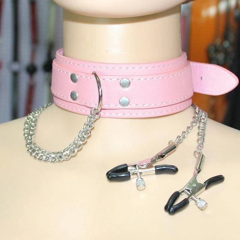 Pink Vegan Leather Collar with Adjustable Clamp Chain Set