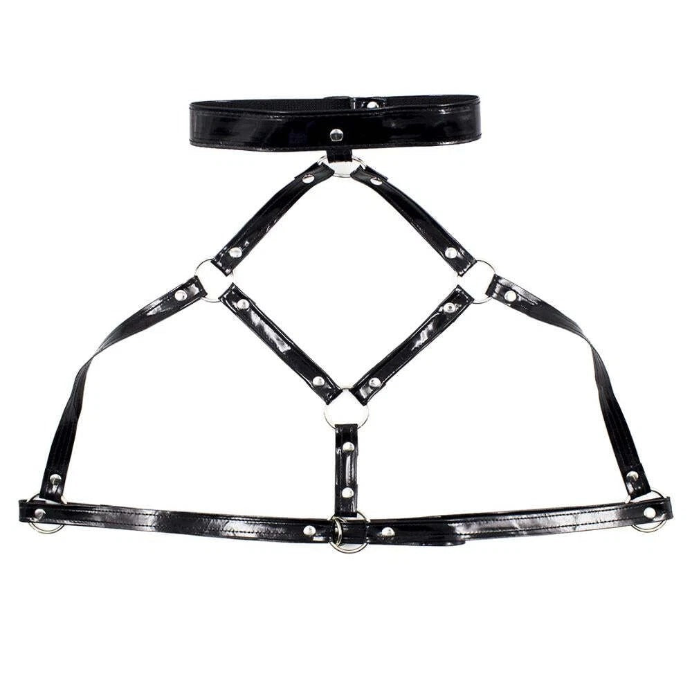 Black Vegan Leather Cage Bra & Thong Set – Choker Neck Harness Lingerie