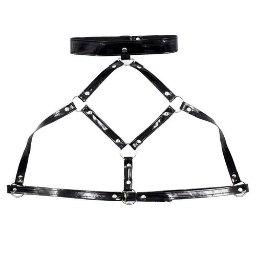 Black Vegan Leather Cage Bra & Thong Set – Choker Neck Harness Lingerie