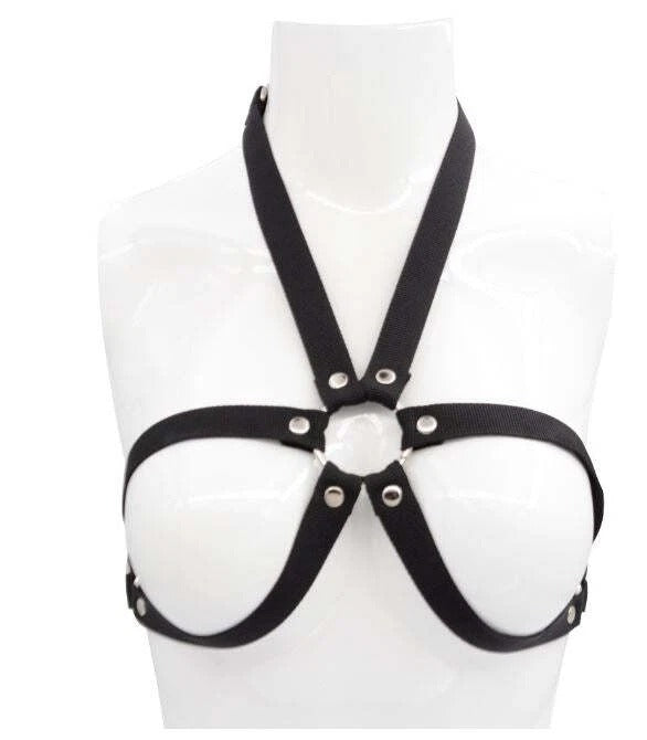 Black Elastic O-Ring Chest Harness – Halter Strap Body Cage Top
