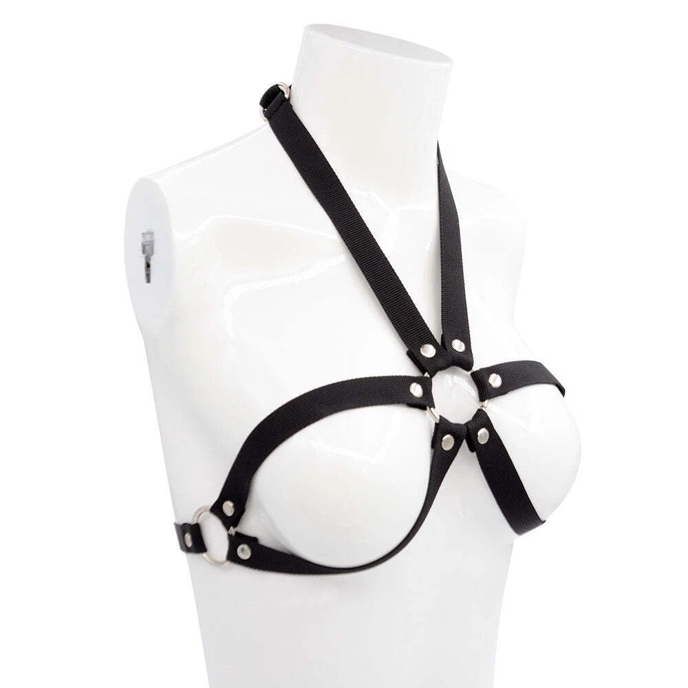 Black Elastic O-Ring Chest Harness – Halter Strap Body Cage Top