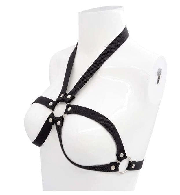 Black Elastic O-Ring Chest Harness – Halter Strap Body Cage Top
