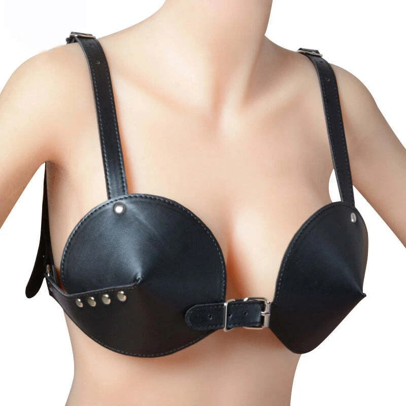 Black Vegan Leather Underwire-Style Bra Harness with Buckle Straps