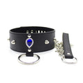 Black Vegan Leather Spike Choker Collar with Blue Gem & Leash Chain