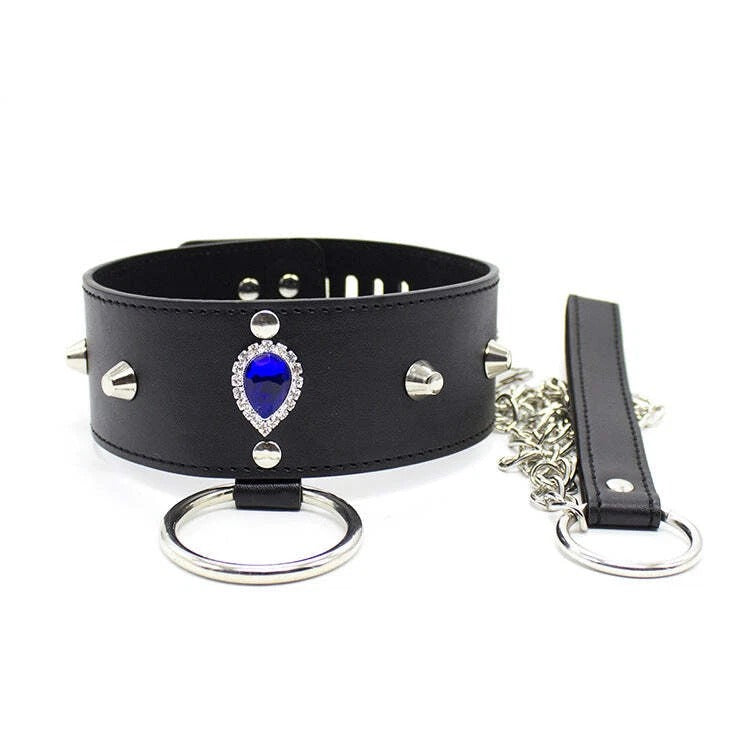 Black Vegan Leather Spike Choker Collar with Blue Gem & Leash Chain