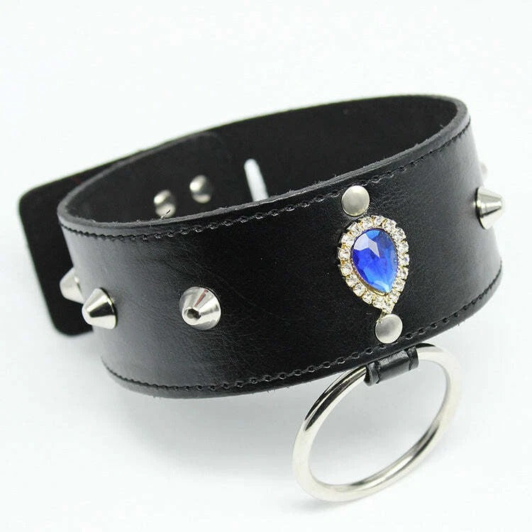 Black Vegan Leather Spike Choker Collar with Blue Gem & Leash Chain