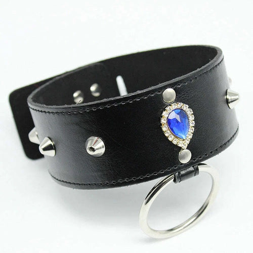 Black Vegan Leather Spike Choker Collar with Blue Gem & Leash Chain