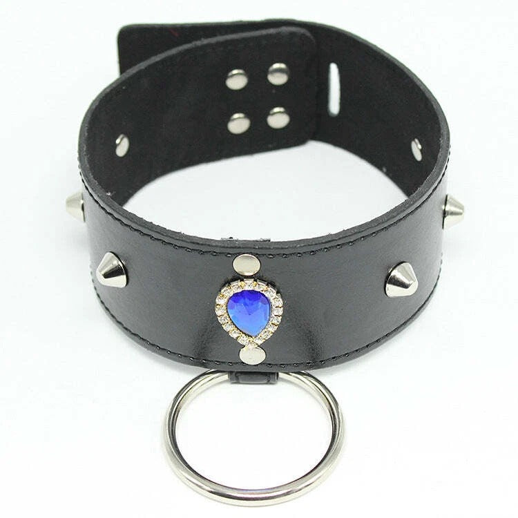 Black Vegan Leather Spike Choker Collar with Blue Gem & Leash Chain