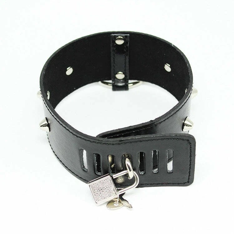 Black Vegan Leather Spike Choker Collar with Blue Gem & Leash Chain