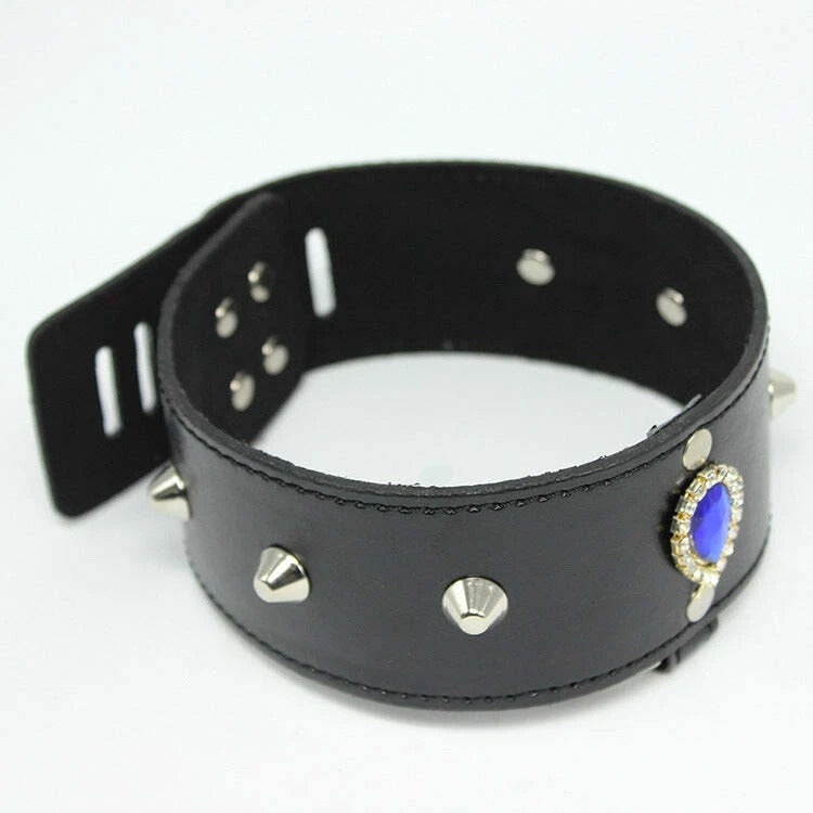 Black Vegan Leather Spike Choker Collar with Blue Gem & Leash Chain