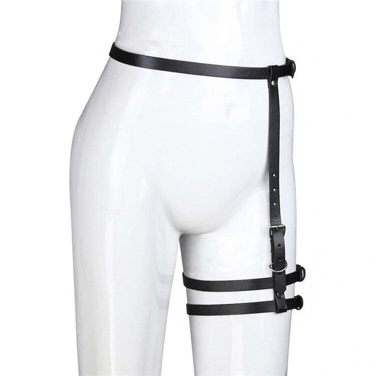 Black Gothic Leg Harness - PU Leather Fancy Dress Leg Holster Costime PU Leather