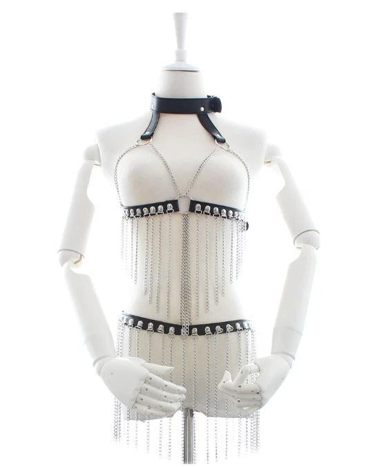 Black Vegan Leather Chain Fringe Top & Skirt Set – Metal Tassel Festival Wear