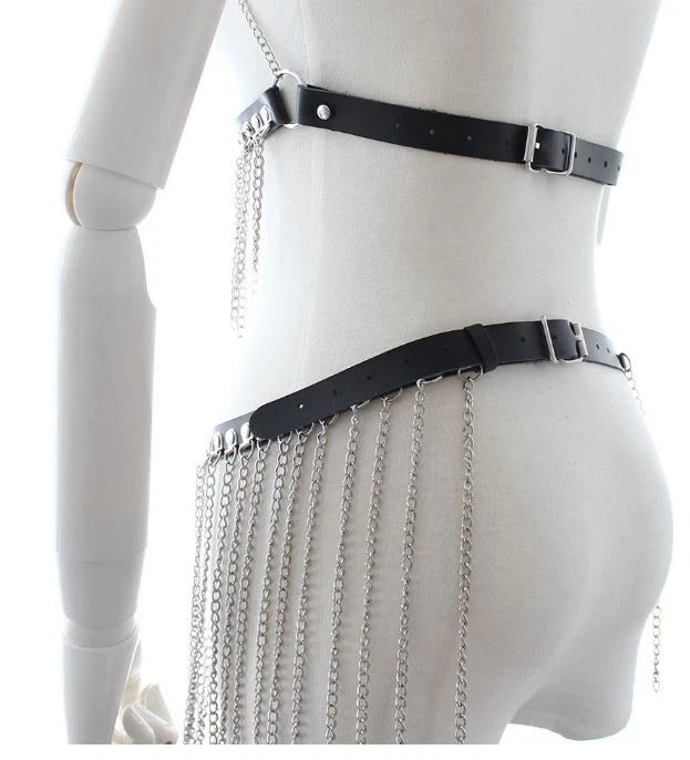 Black Vegan Leather Chain Fringe Top & Skirt Set – Metal Tassel Festival Wear