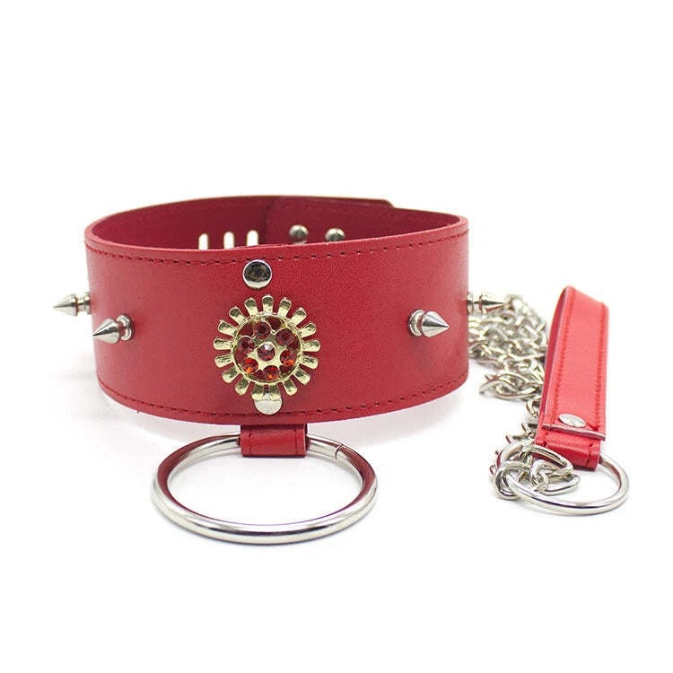 Red Vegan Leather Spike Choker Collar with Gem Gear Charm & Leash Chain